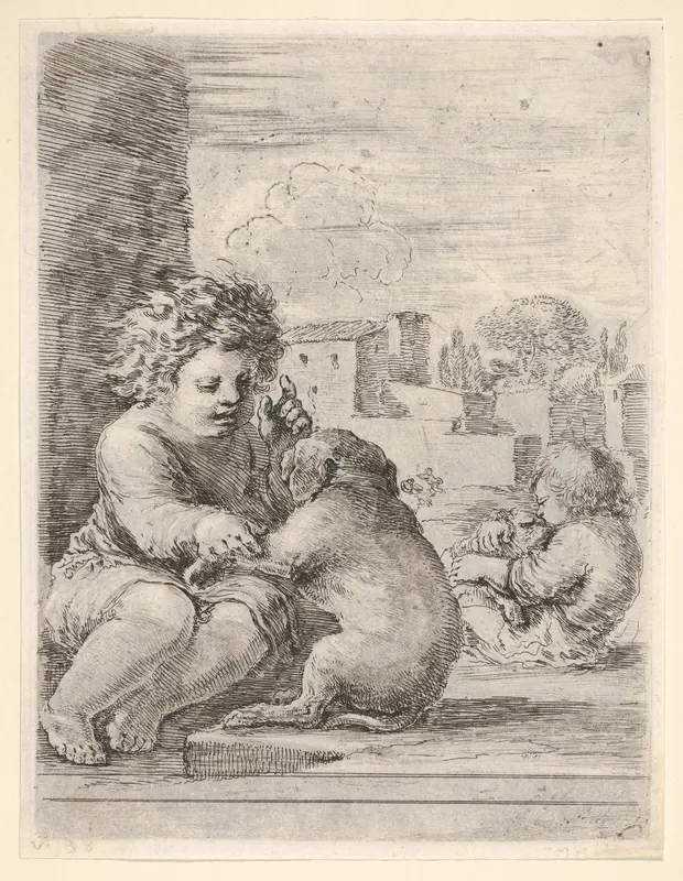 Child teaching a dog to sit, the child seated to left against a wall, teaching the dog to sit on its hind legs, another child embracing a dog to right in the background Wall Art by Stefano della Bella - High-Resolution Digital Print