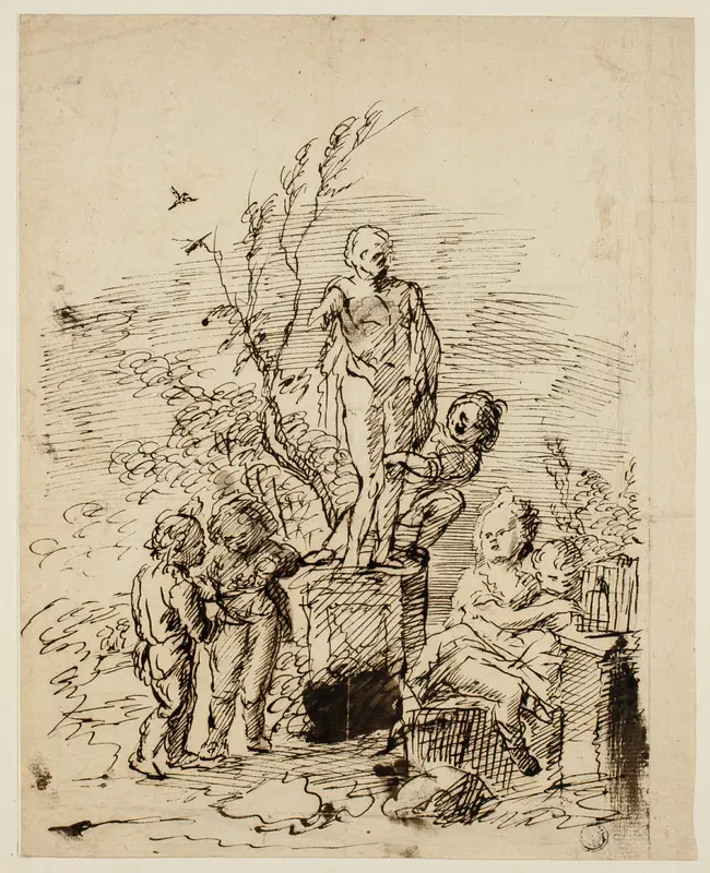Children Playing near Statue in Garden Wall Art by John Vanderbank - High-Resolution Digital Print