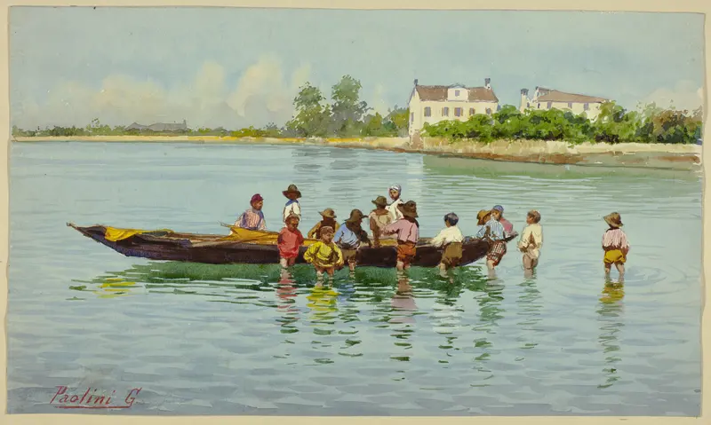 Children with Boat on Venetian Lagoon Wall Art by Unknown - High-Resolution Digital Print