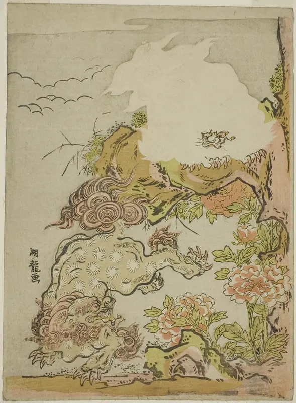 Chinese Lions and Peonies Wall Art by Isoda Koryusai - High-Resolution Digital Print