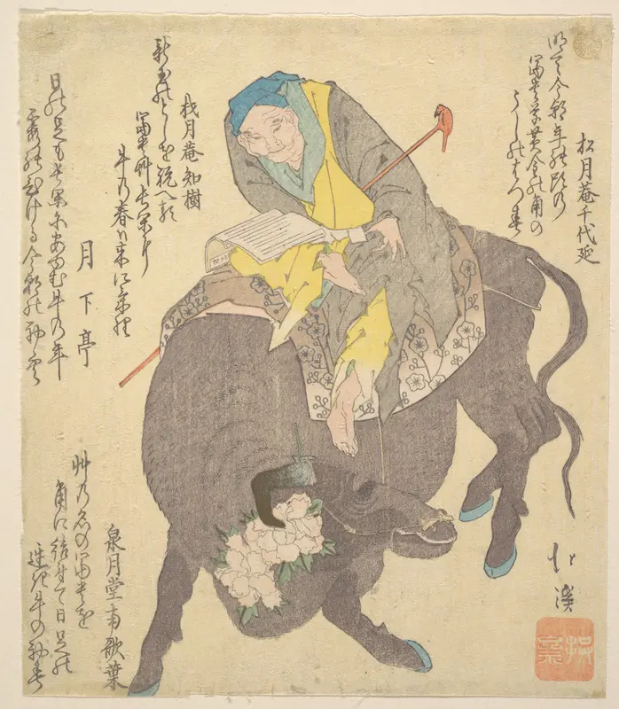 Chinese Sage Reading While Riding on a Buffalo