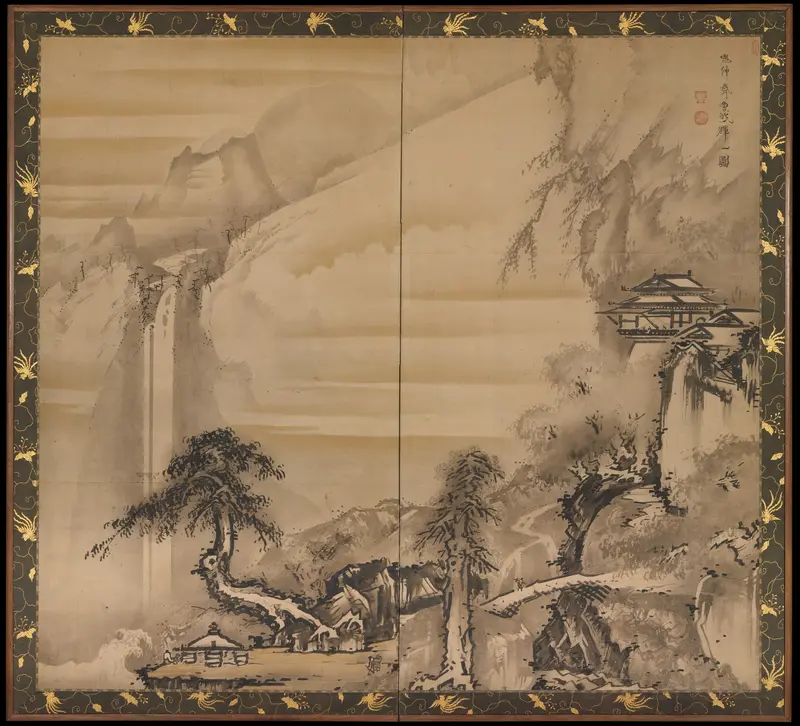 Chinese Scholar Contemplating a Waterfall Wall Art by Soga Shōhaku - High-Resolution Digital Print
