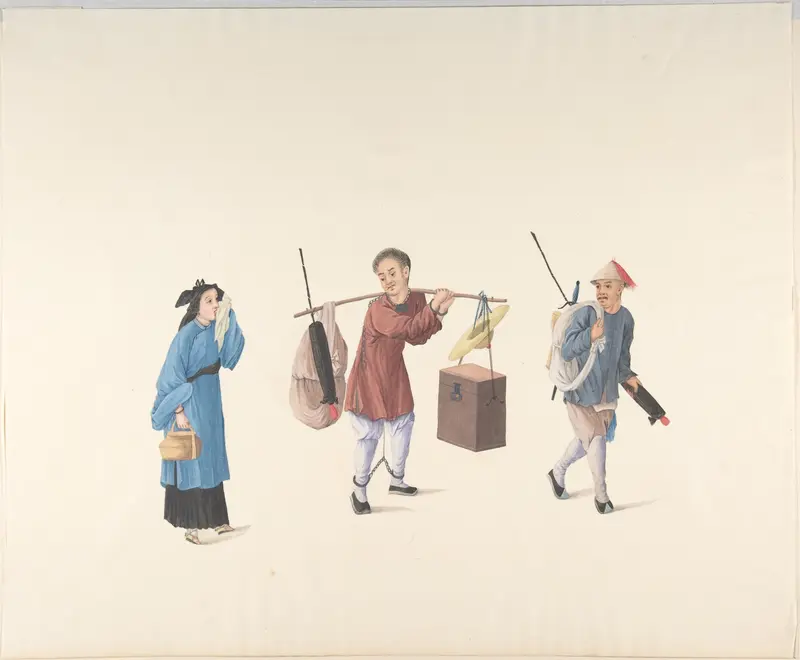 Chinese Woman, Man with Legs Chained and Another Carrying Parasol and Bundle Wall Art by Anonymous, Chinese, 19th century - High-Resolution Digital Print