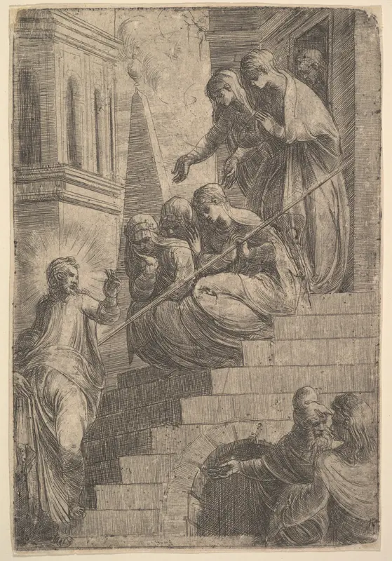 Christ addressing a group of women seated and standing on steps Wall Art by Andrea Schiavone (Andrea Meldola) - High-Resolution Digital Print