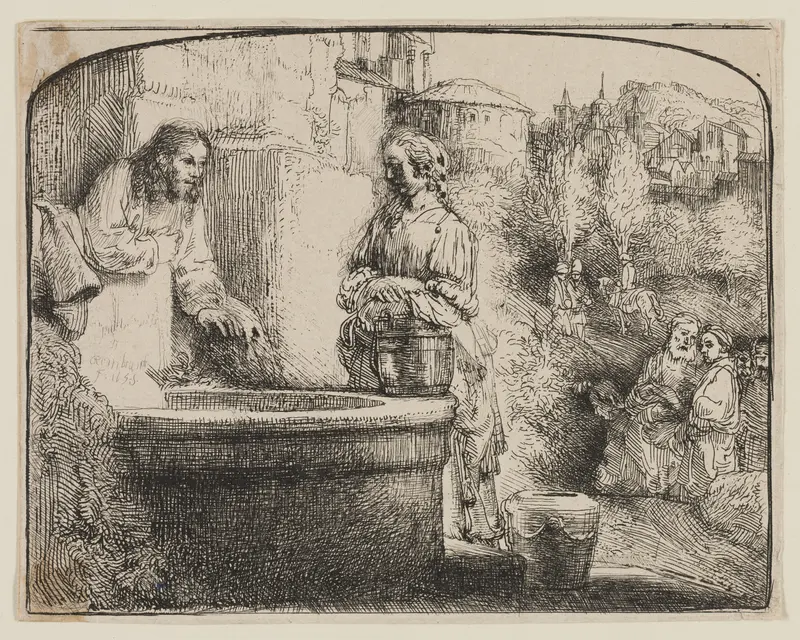 Christ and the Woman of Samaria: An Arched Print by Rembrandt van Rijn - High-Resolution Digital Print