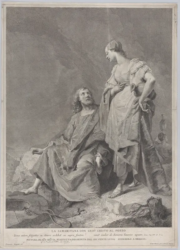 Christ and the woman of Samaria at the well, from the series of 112 prints of the sacred history, after the painting by Giovanni Battista Piazzetta by Pietro Monaco - High-Resolution Digital Print