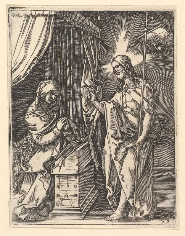 Christ appearing to Mary who is kneeling in prayer, from "The Passion of Christ", after Dürer