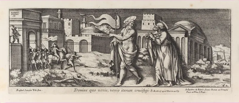 Christ appearing to Saint Peter after the Resurrection (Domine Quo Vadis), after Raphael's Stanza dell'incendio del Borgo, from a series of 15 plates, depicting Raphael's works for the Vatican stanze and the Sistine Chapel tapestries Wall Art by Pietro Santi Bartoli - High-Resolution Digital Print