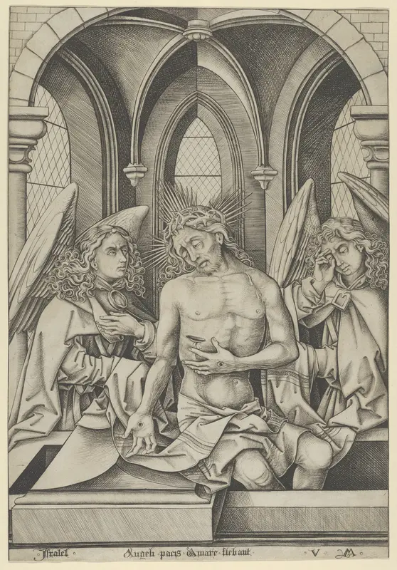 Christ as the Man of Sorrows Between Two Angels Wall Art by Israhel van Meckenem - High-Resolution Digital Print