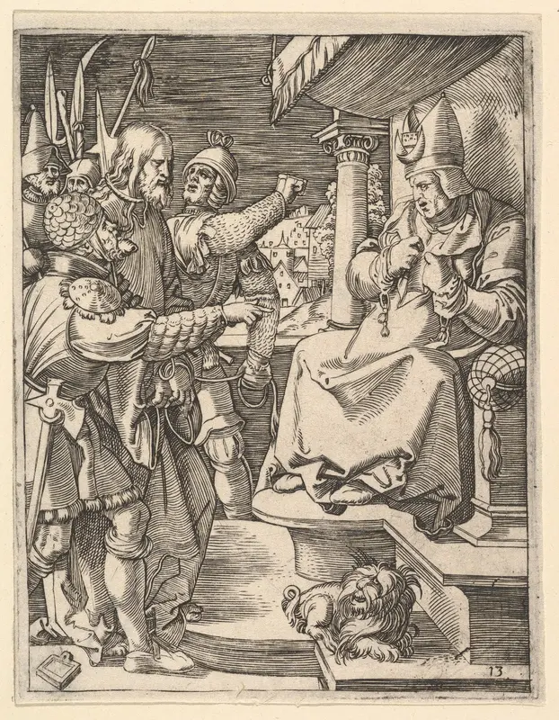 Christ before Caiaphas: soldiers present Christ to seated hight priest who tears his garments, from "The Passion of Christ", after Dürer