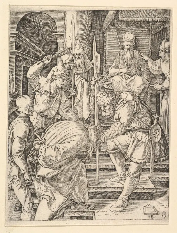Christ captured and being dragged by hair up steps before the throne of the high priest  Annas, from "The Passion of Christ", after Dürer