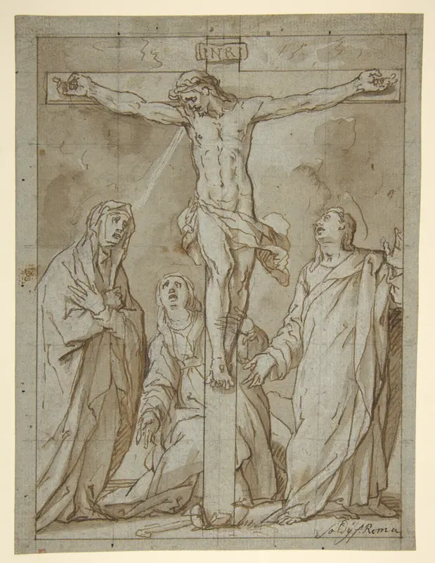 Christ Crucified, Attended by the Virgin, Saint Mary Magdalen, and Saint John the Evangelist Wall Art by Lazzaro Tavarone - High-Resolution Digital Print