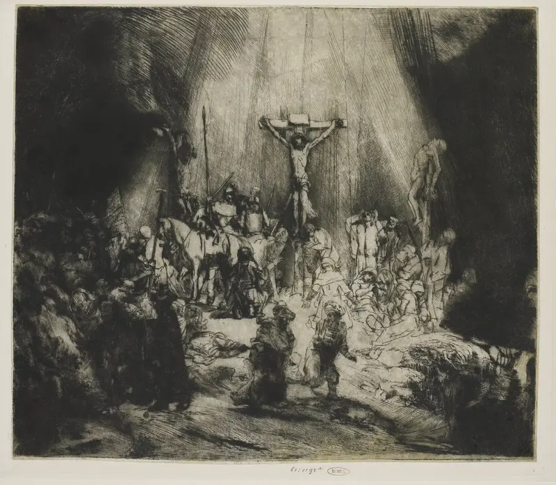 Christ Crucified between the two Thieves: 'The Three Crosses' Wall Art by Rembrandt van Rijn - High-Resolution Digital Print