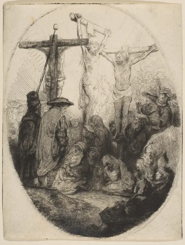 Christ Crucified Between Two Thieves; oval plate Wall Art by Rembrandt (Rembrandt van Rijn) - High-Resolution Digital Print