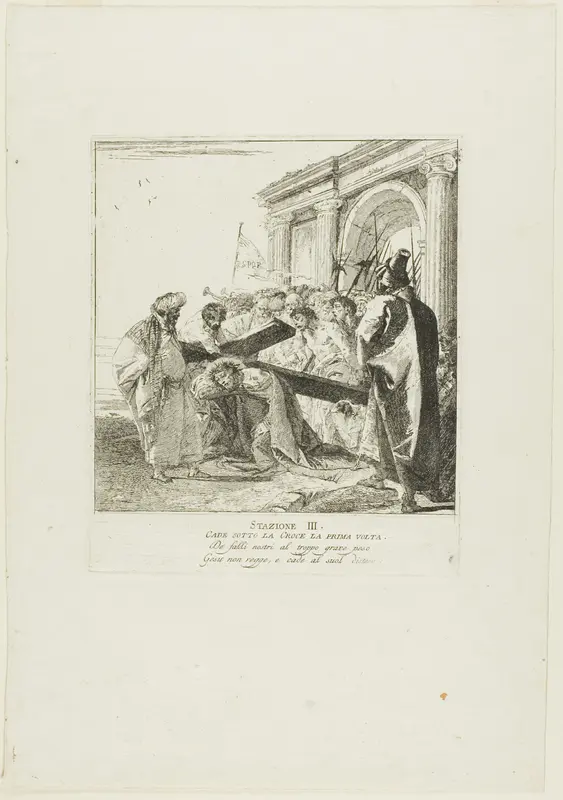 Christ Falls Beneath the Cross for the First Time, plate three from Stations of the Cross Wall Art by Giovanni Domenico Tiepolo - High-Resolution Digital Print