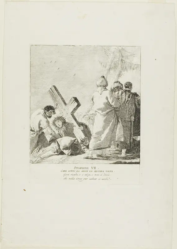 Christ Falls Beneath the Cross for the Second Time, plate seven from Stations of the Cross Wall Art by Giovanni Domenico Tiepolo - High-Resolution Digital Print