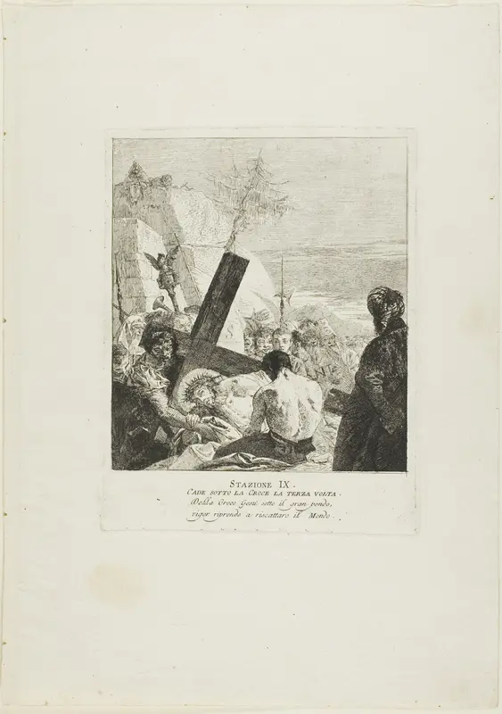 Christ Falls Beneath the Cross for the Third Time, plate nine from Stations of the Cross Wall Art by Giovanni Domenico Tiepolo - High-Resolution Digital Print