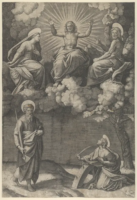 Christ flanked by the Virgin and St. John in the upper section, St. Paul and St. Catherine below