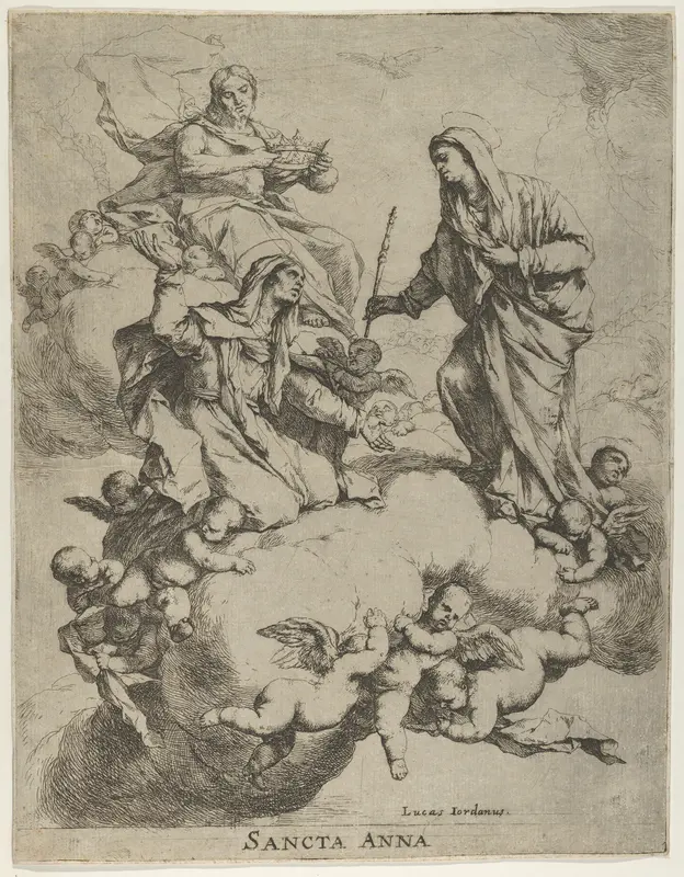 Christ holding a crown upper left, at right the Virgin receiving Saint Anne in Heaven Wall Art by Luca Giordano - High-Resolution Digital Print