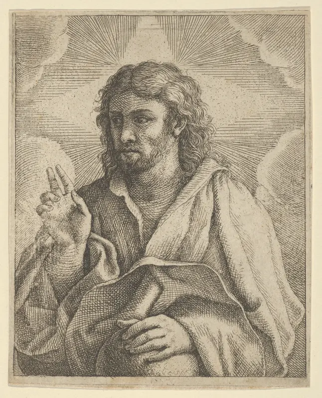 Christ holding a globe, looking to the left and making the sign of blessing with his right hand, clouds behind him, after Reni (?) Wall Art by Anonymous, 17th century - High-Resolution Digital Print