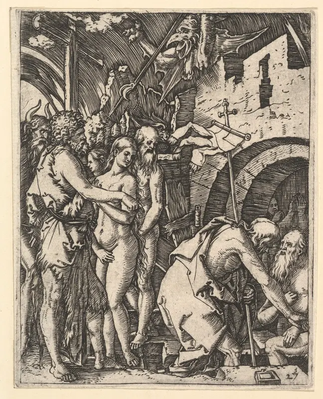 Christ in Limbo; Christ walking down to the arched gateway to Limbo on the right, on the left a group of people including Moses, John the Baptist, Adam and Eve, from "The Passion of Christ", after Dürer