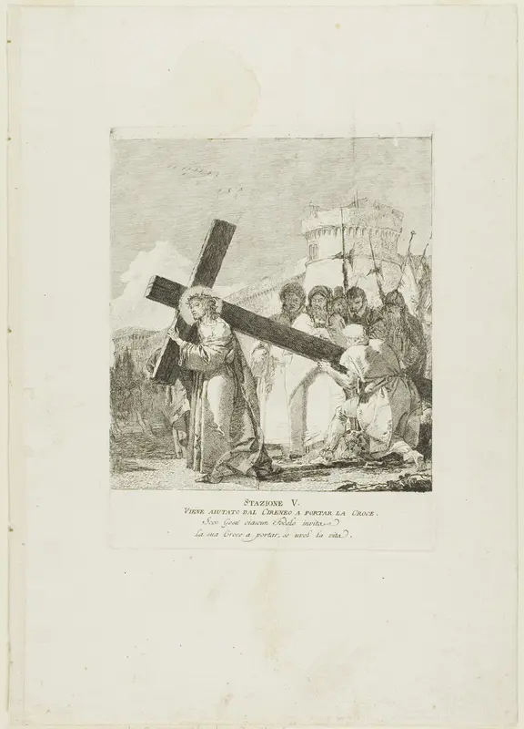 Christ is Helped by Simon of Cyrene, plate five from Stations of the Cross Wall Art by Giovanni Domenico Tiepolo - High-Resolution Digital Print