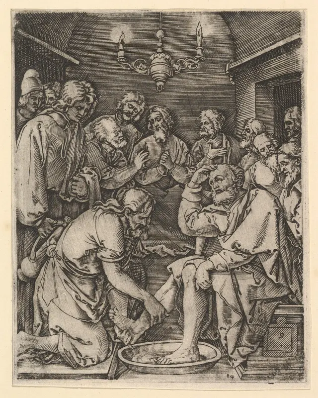 Christ kneeling and washing St Peter's feet, from "The Passion of Christ"