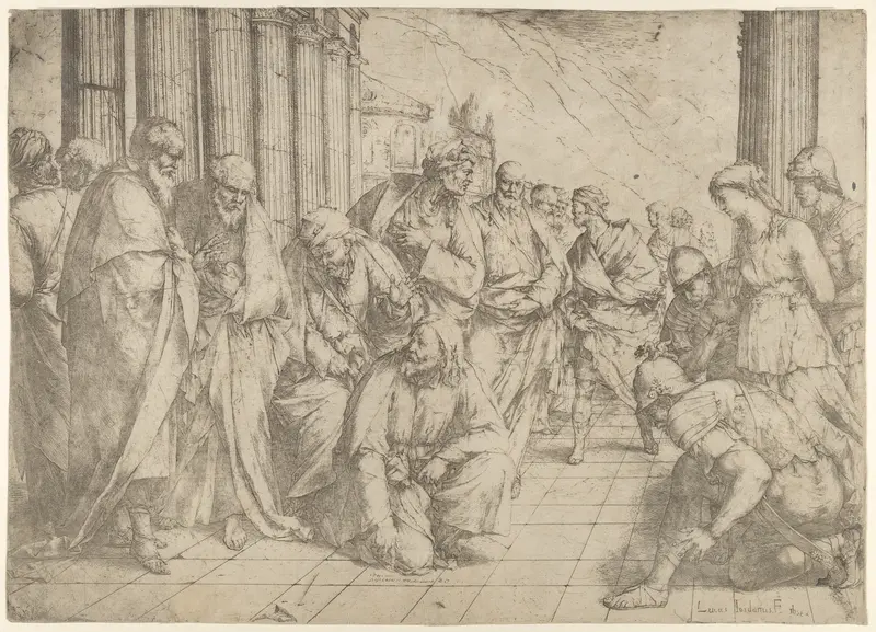 Christ kneels and writes on the pavement at center and a woman taken in adultery by three soldiers at right Wall Art by Luca Giordano - High-Resolution Digital Print