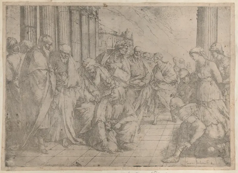 Christ kneels and writes on the pavement at center, while the woman taken in adultery stands between three soldiers at right Wall Art by Luca Giordano - High-Resolution Digital Print