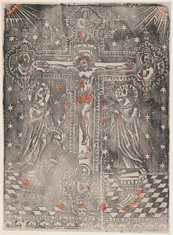 Christ on the cross flanked by the Virgin, Saint Brigit and Saint Elisabeth Wall Art by Anonymous, Italian, 16th century - High-Resolution Digital Print