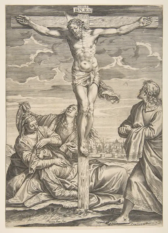 Christ on the cross, Saint John to the right looking toward him, to the left is the fainting Virgin Mary supported by two women Wall Art by Agostino Carracci - High-Resolution Digital Print