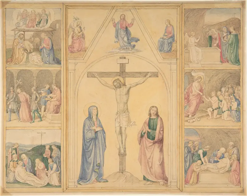 Christ on the Cross with Six Scenes from the Life of Christ Wall Art by Eduard Jakob von Steinle - High-Resolution Digital Print