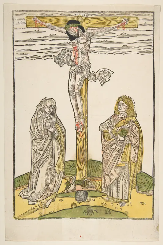 Christ on the Cross with the Virgin and Saint John Wall Art by Anonymous, German, 15th century - High-Resolution Digital Print