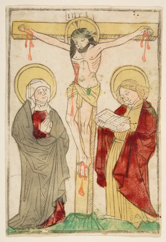 Christ on the Cross with the Virgin and Saint John Wall Art by Anonymous, German, Swabian Region, late 15th century - High-Resolution Digital Print
