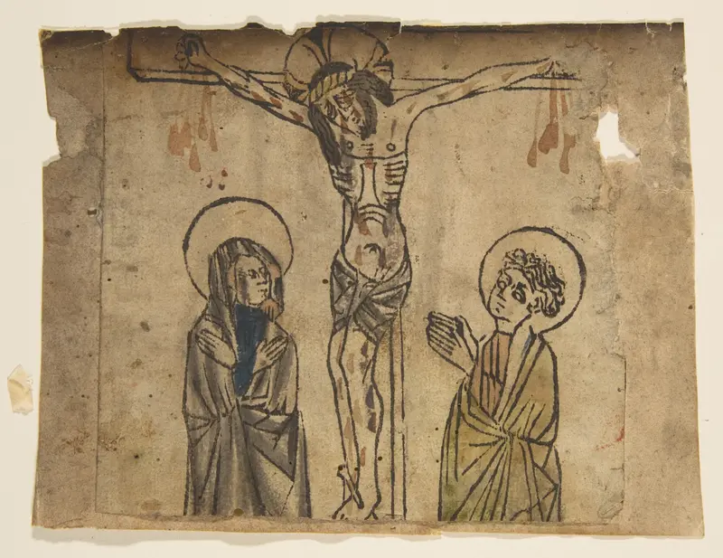 Christ on the Cross with the Virgin and St. John Wall Art by Anonymous, German, 15th century - High-Resolution Digital Print