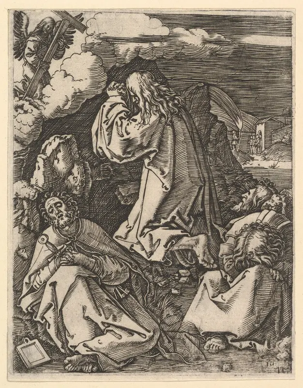 Christ praying on Mount of Olives; Roman soldiers entering through garden gate in far background, from "The Passion of Christ", after Dürer