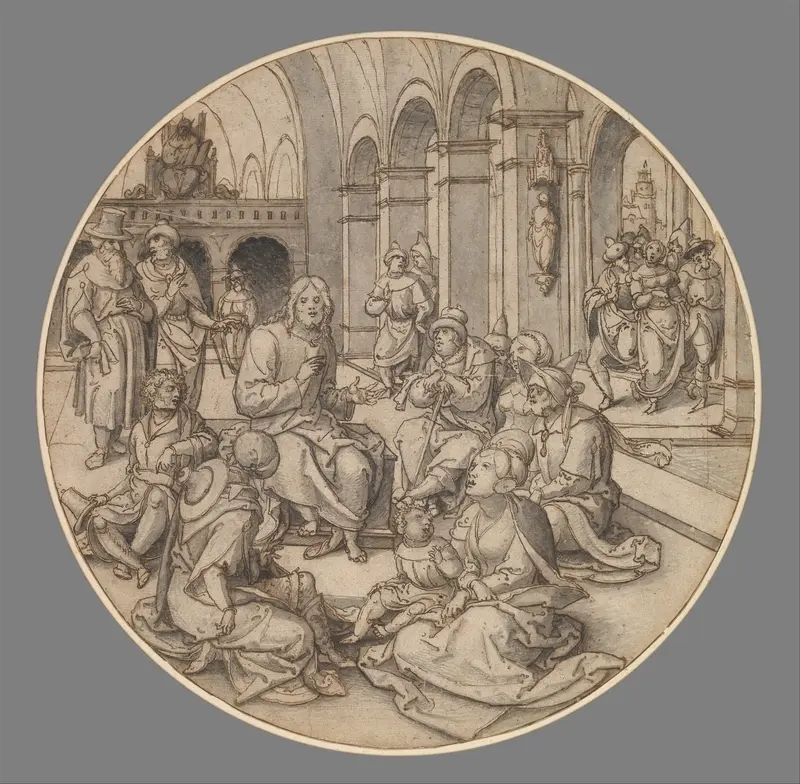 Christ Preaching in the Synagogue, with the Pharisees Bringing the Woman Taken in Adultery Wall Art by Dirck Vellert - High-Resolution Digital Print