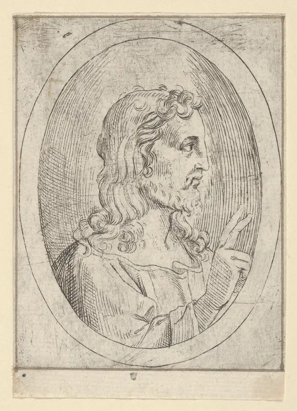 Christ seen in profile facing right, making the sign of blessing with his right hand, in an oval frame, from "Christ, the Virgin, and Thirteen Apostles" Wall Art by Anonymous, 17th century - High-Resolution Digital Print