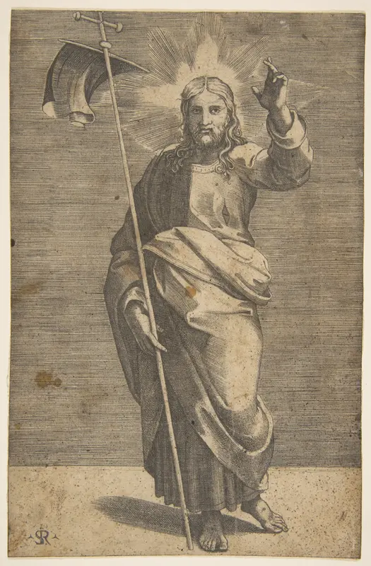 Christ standing facing forward, holding a cross with a banner and raising his left hand