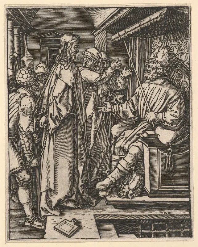 Christ standing, hands tied behind back, before Herod seated on throne, from "The Passion of Christ", after Dürer