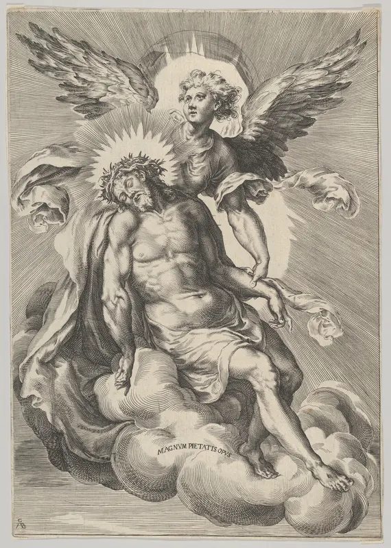 Christ supported by an angel standing on a cloud with light radiating behind them Wall Art by Cherubino Alberti (Zaccaria Mattia) - High-Resolution Digital Print