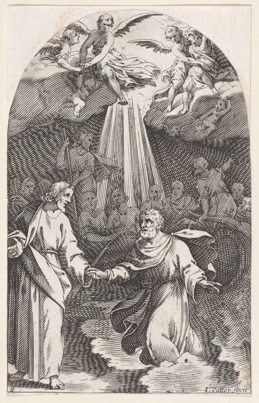 Christ Walking on Water, Holding the Hand of St. Peter (First Composition), plate 8 from "Les Tableaux de Rome, Les Eglises Jubilaires" (The Paintings of Rome, The Churches Jubilee) Wall Art by Jacques Callot - High-Resolution Digital Print