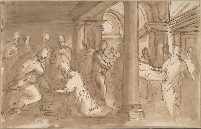 Christ Washing the Feet of the Disciples Wall Art by Anonymous, Italian, Roman-Bolognese, 17th century - High-Resolution Digital Print
