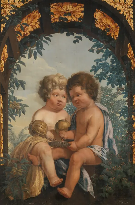 Christelijke allegorie met twee kinderen die elk een karaf in een schaal uitgieten Wall Art by anonymous - High-Resolution Digital Print