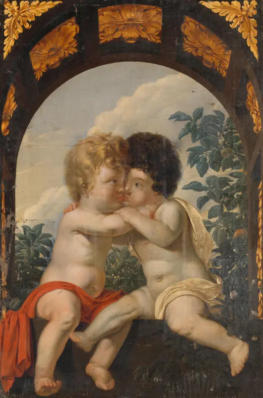 Christelijke allegorie met twee kinderen die elkaar omhelzen Wall Art by anonymous - High-Resolution Digital Print