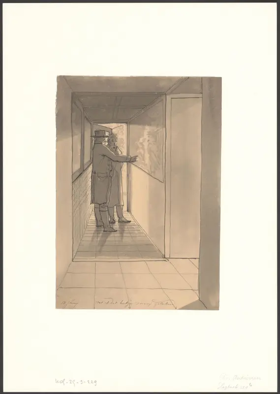 Christiaan Andriessen bekijkt met iemand een tekening of schildering in een gang Wall Art by Christiaan Andriessen - High-Resolution Digital Print