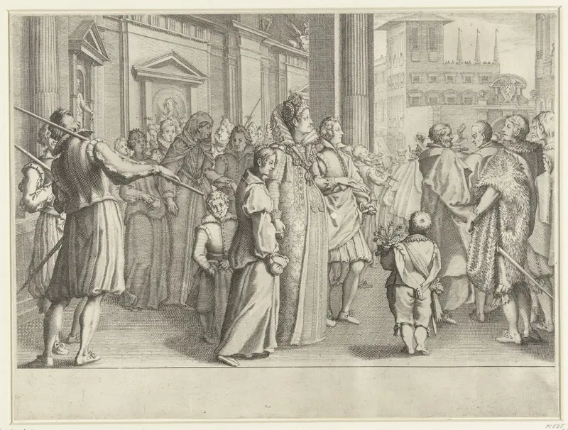 Christina van Lotharingen begeleidt een jong stel naar de kerk Wall Art by Jacques Callot - High-Resolution Digital Print