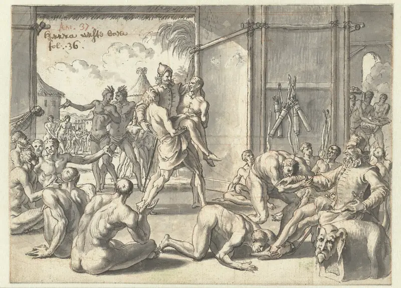 Christoffel Columbus wordt ontvangen door oorspronkelijke Amerikanen Wall Art by Jan Goeree - High-Resolution Digital Print