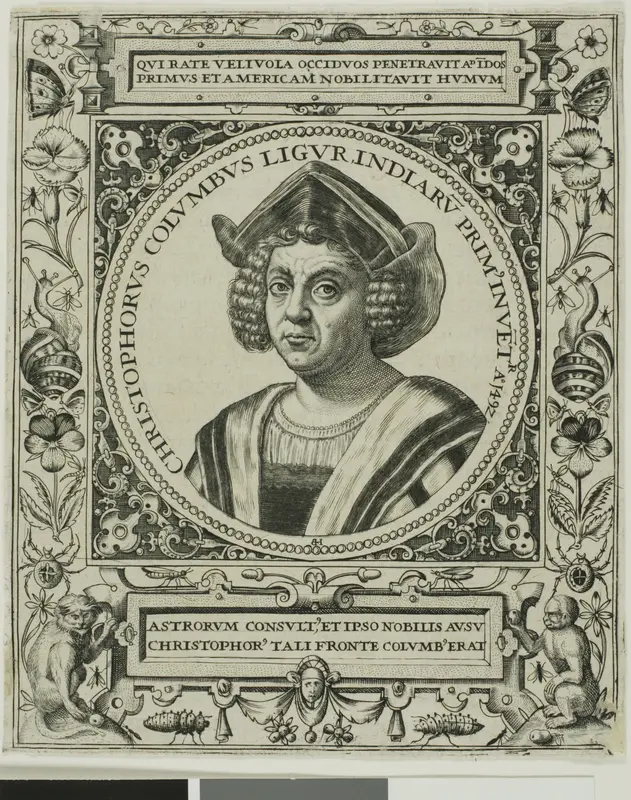 Christopher Columbus, frontispiece from volume 5 of Theodor de Bry's America Wall Art by Johann Theodor de Bry - High-Resolution Digital Print
