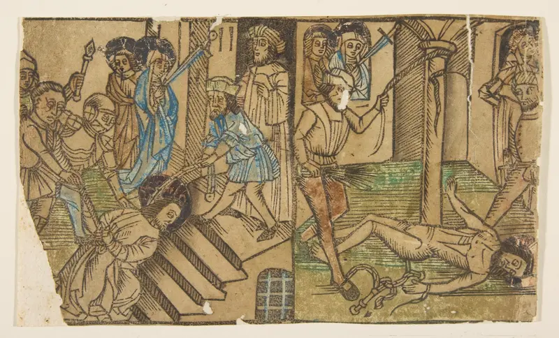 Christ's Fall on the Steps of the House of Justice; and Christ's Fall at the Column, from the Seven Falls of Christ Wall Art by Anonymous, German, 15th century - High-Resolution Digital Print